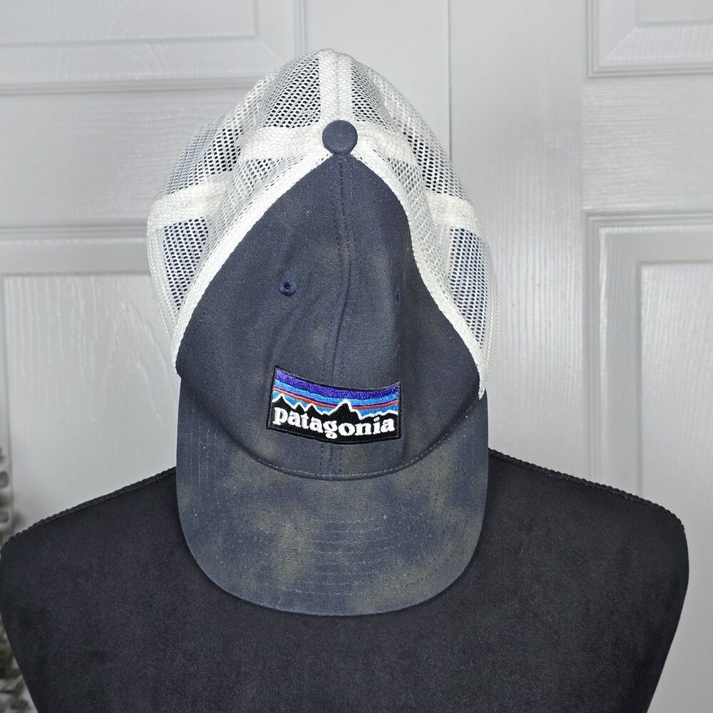 Patagonia Logo Trucker Snapback Hat Cap Mesh Hike Outdoors Black Faded FLAWS